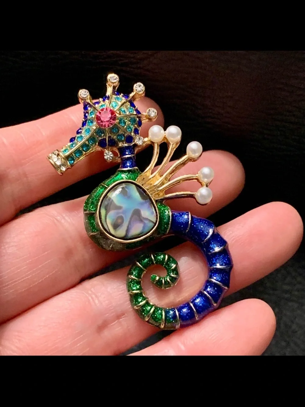 Green and Blue Seahorse Brooch with Abalone Center and Pearls